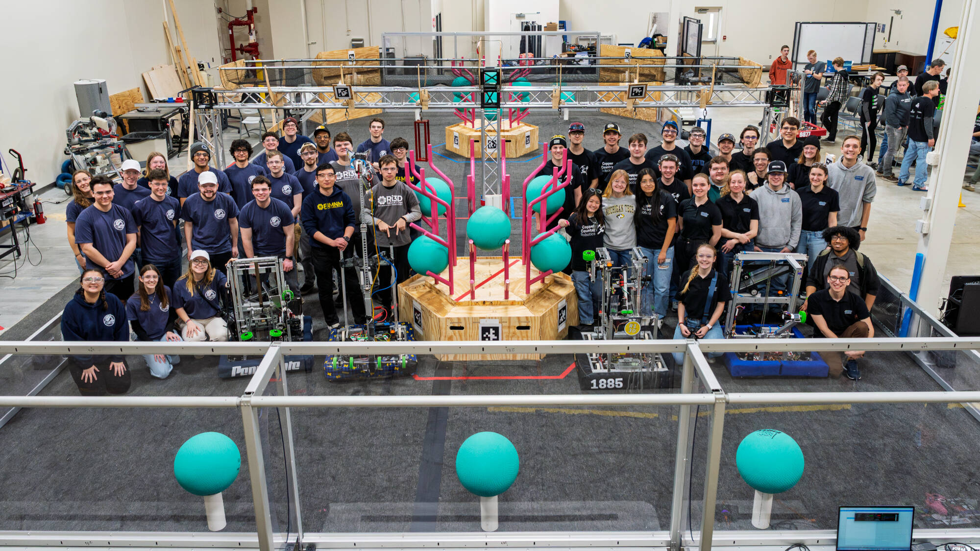 Robotics students pose for a group picture during the 2025 GVSU FANGV Ri3D Robotics Competition.